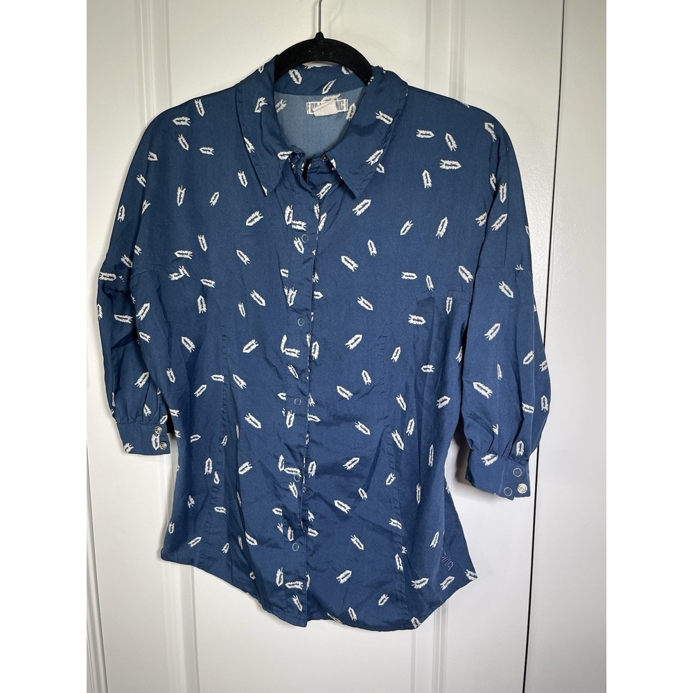 Women's Billabong Navy Blue Feather Pattern Button Snap Shirt Size Small